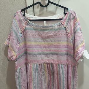 Anthropologie Pastel Striped Pink Multi-Color Peasant Blouse